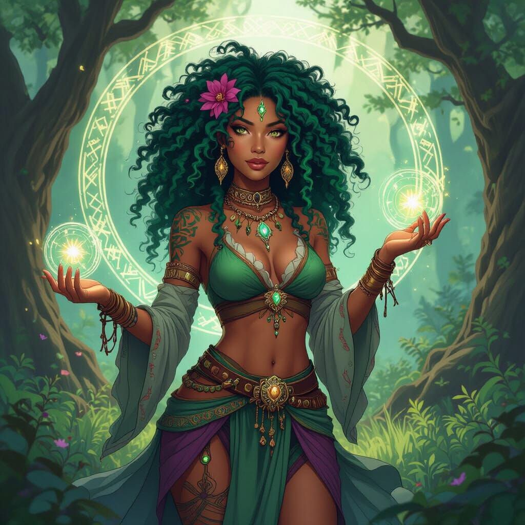 Emerald-Haired Sorceress Casting Spell in Art Nouveau Style