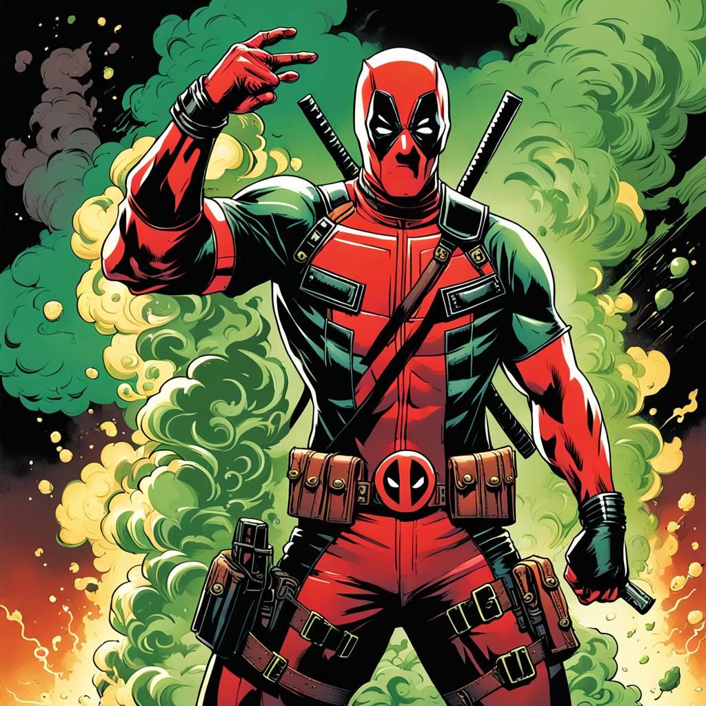 Deadpool with Green Smoke Cloud: Comic Book Art