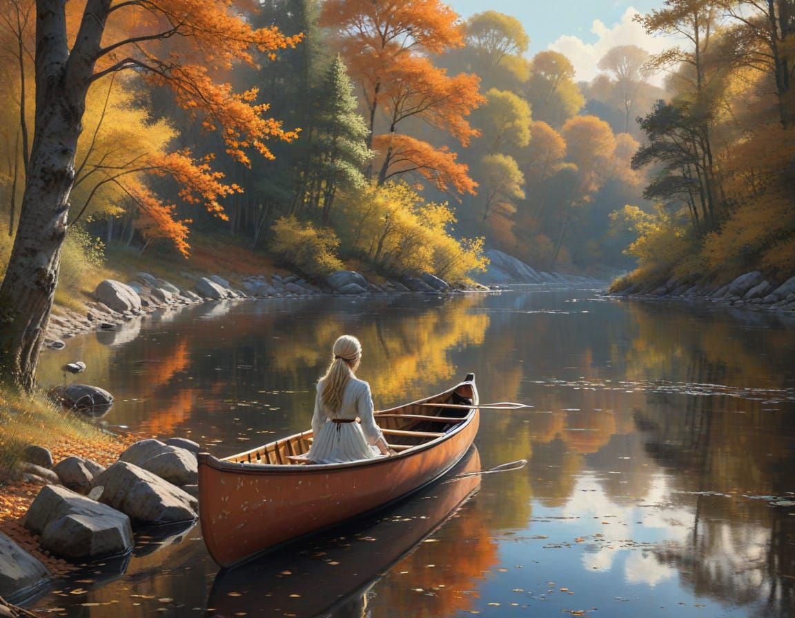 Golden Autumn River Scene in Impressionist Style