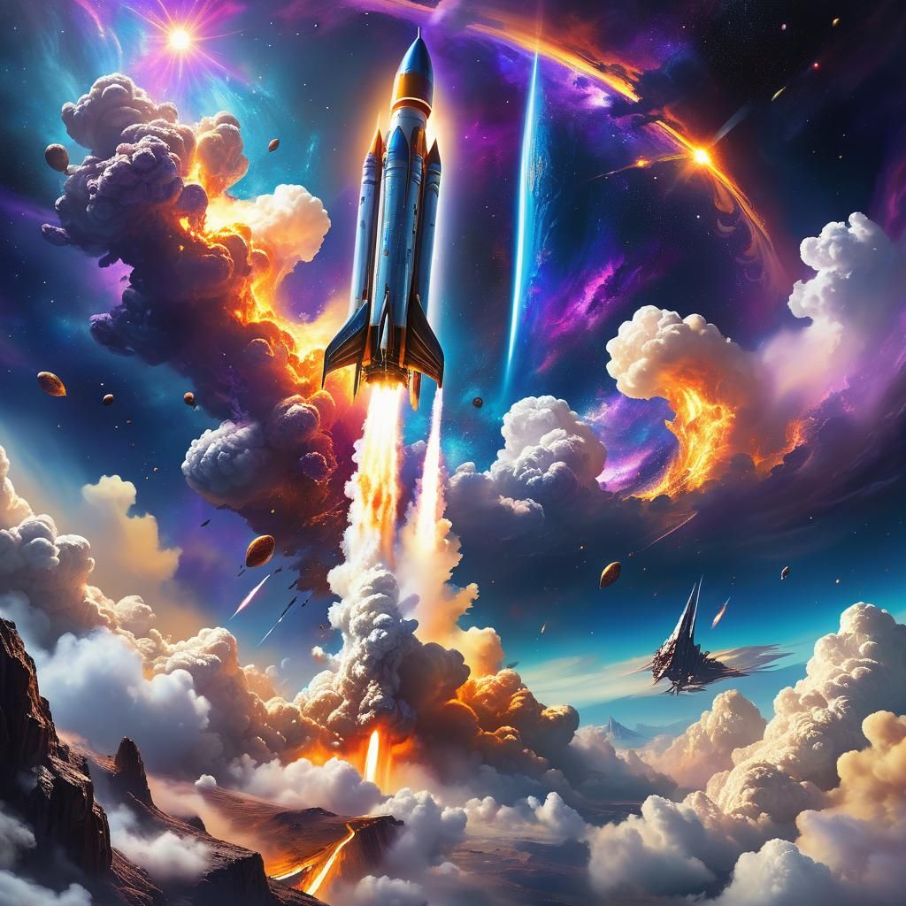 Futuristic Rocket Soaring to Alien Planet in Sci-Fi Art