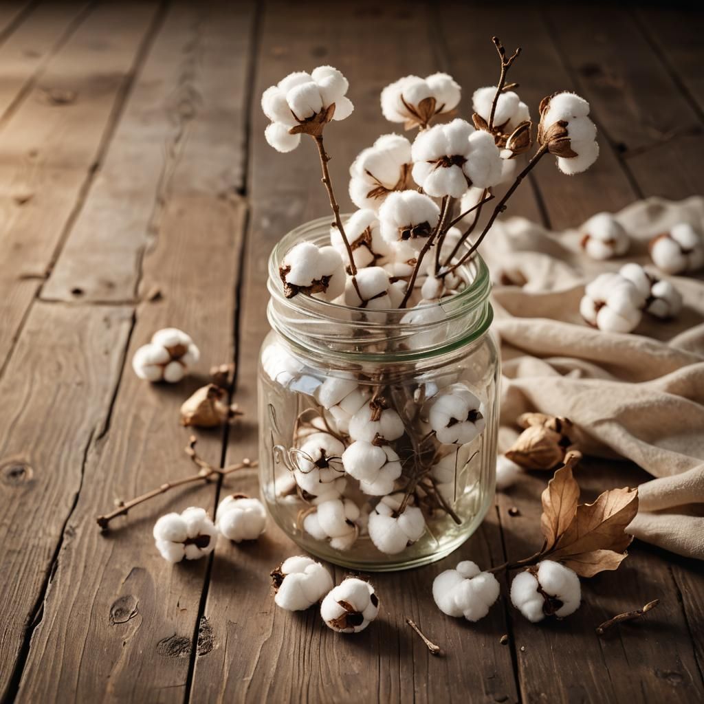 Vintage Still Life with Cotton Bolls in Golden Light