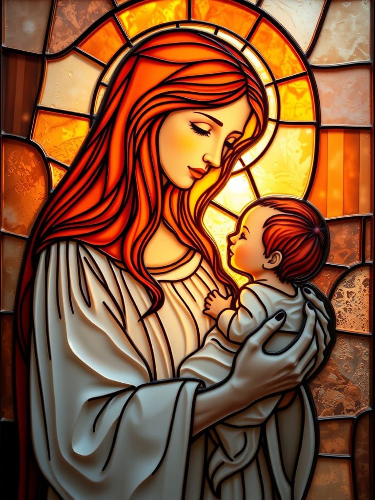 Stained Glass Mother and Child in Sunlight