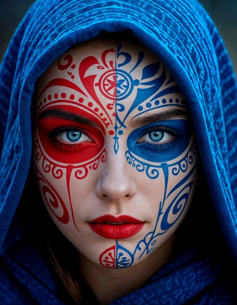 Red and Blue Face with Esoteric Symbols