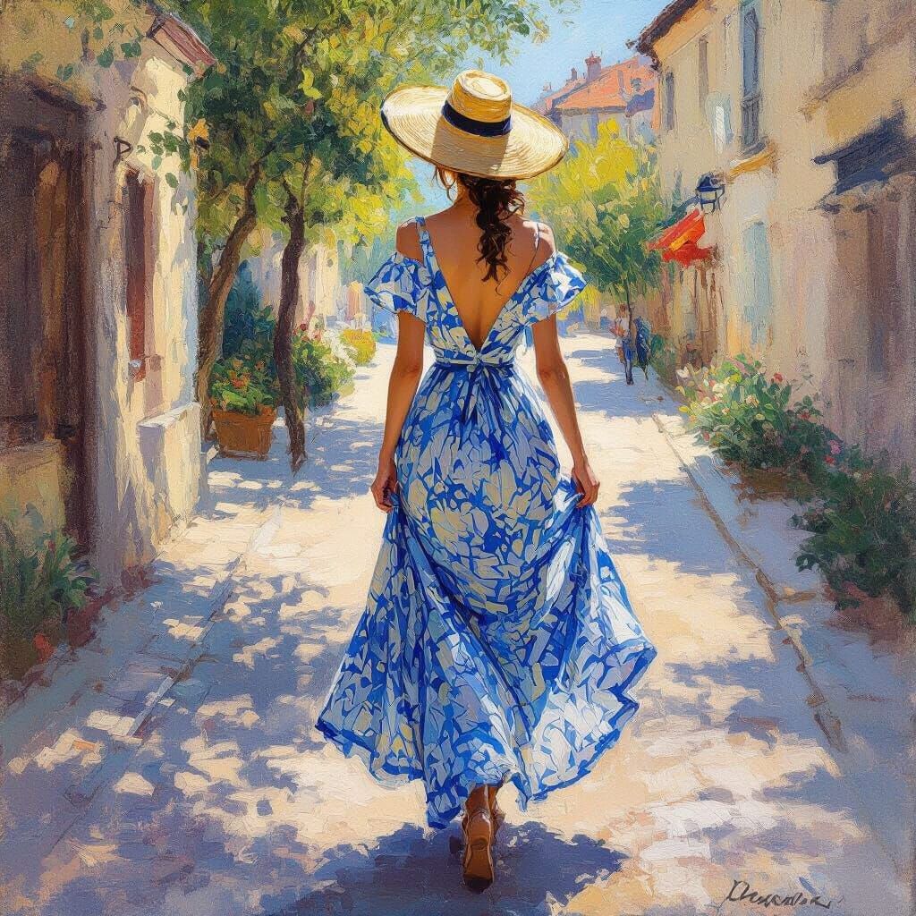 Woman in Dress on Sunlit Street, Impressionist Style