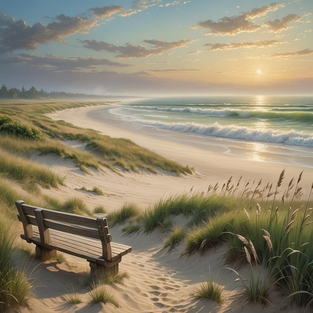 Ethereal Beach Landscape with Bench in Oil Painting Style