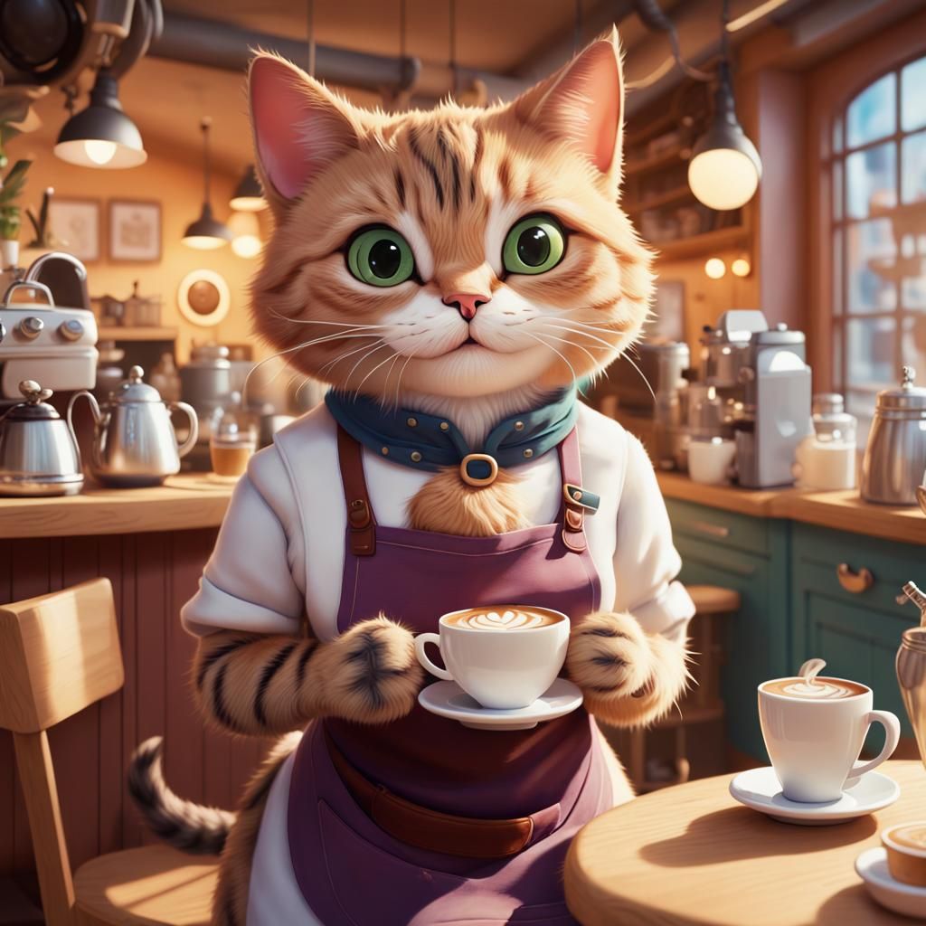 Charming Cat Cafe Scene in Animated Style