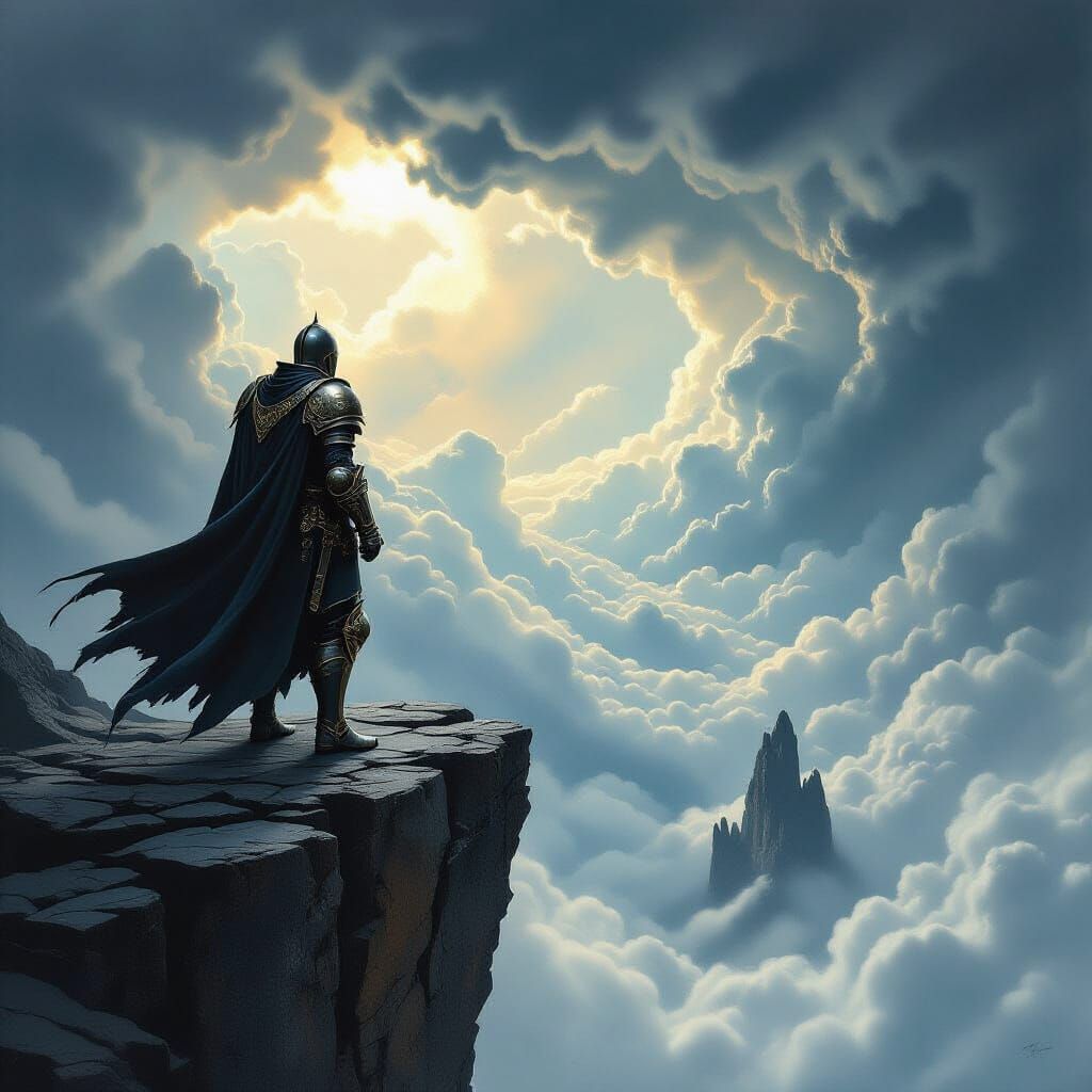 Knight Gazes at Stormy Sky on Floating Rock