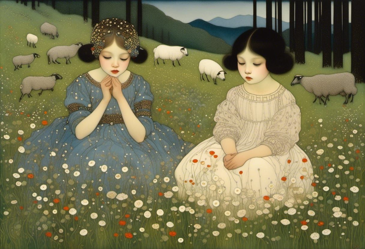Children in Alpine Meadow, Art Nouveau Style