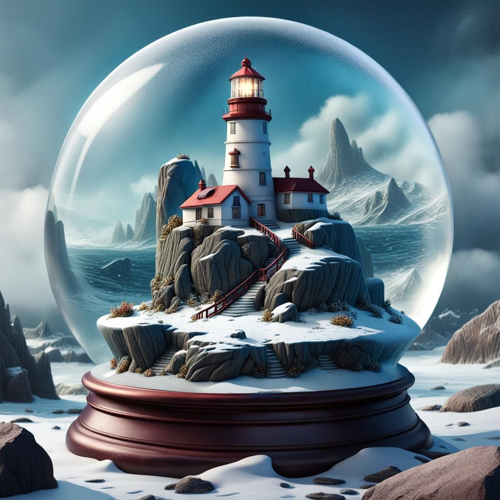 Snow Globe Lighthouse: Detailed Fantasy Concept Art