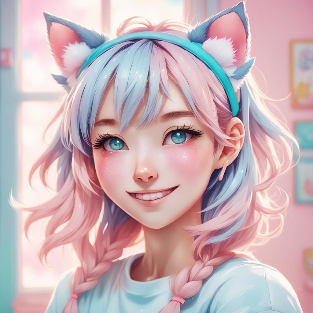 Anime Girl with Cat Ears in Pastel Room