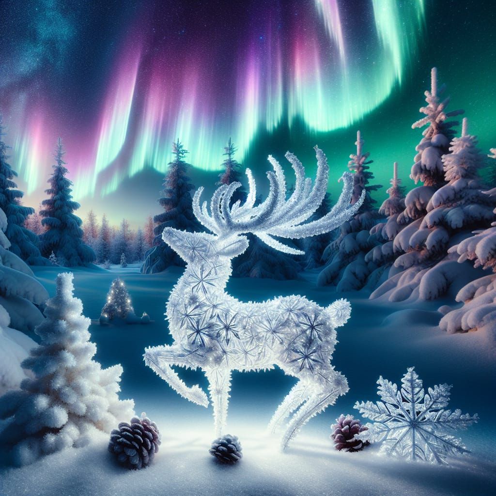 Snowflake Reindeer Under Northern Lights