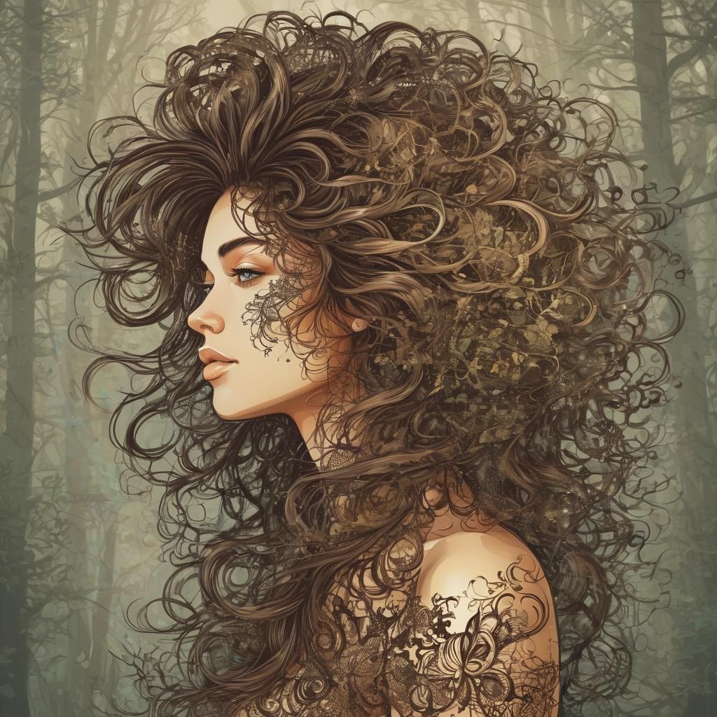 Woman with Abstract Fractal Hair in Double Exposure