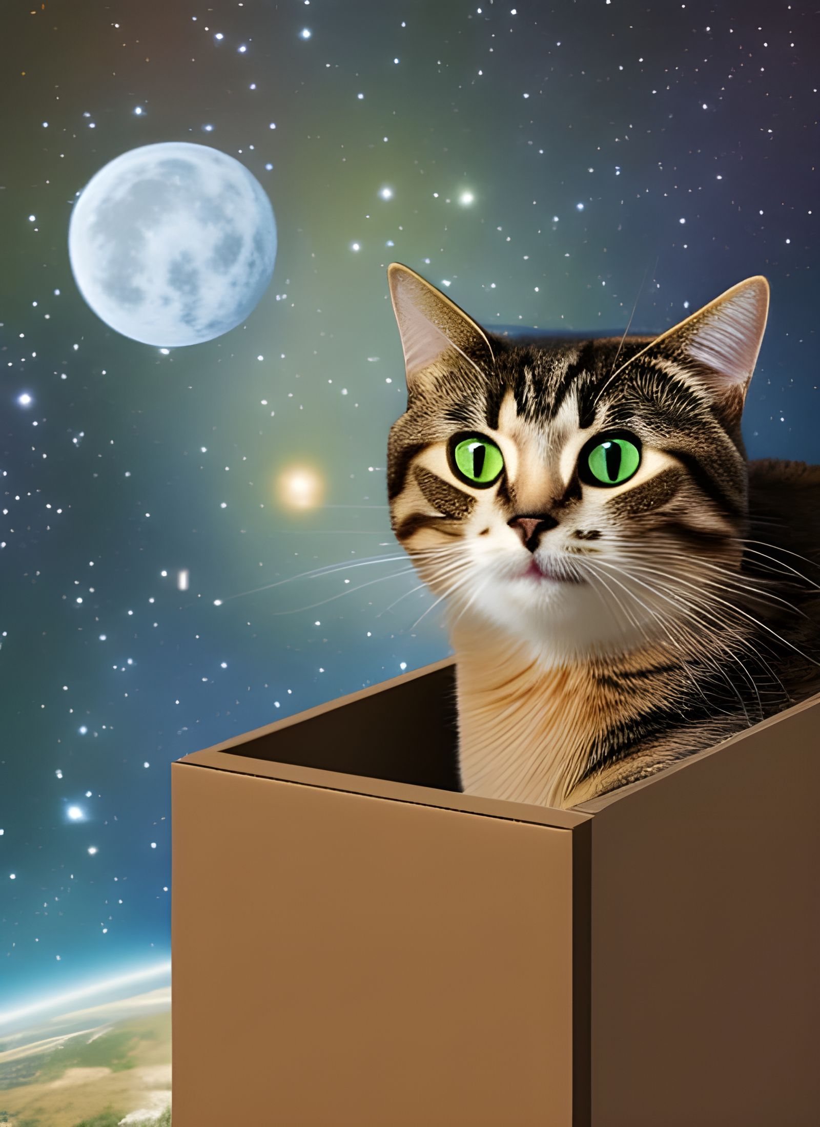 Cosmic Cat in Box: Retrofuturistic Space Art