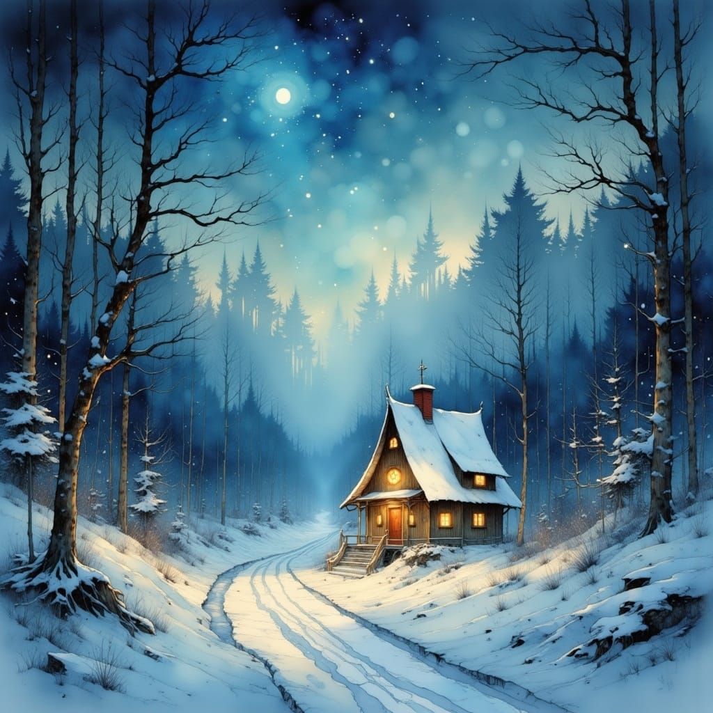 Whimsical Christmas Forest Landscape in Airbrush Style