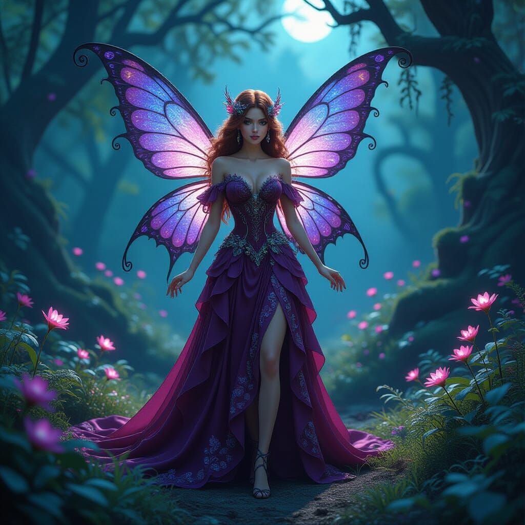 Intricate Fairy in Moonlit Forest, Fantasy Concept Art