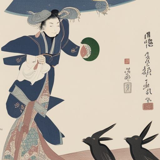 Moon Rabbit Pounding Mochi in Ukiyo-e Style