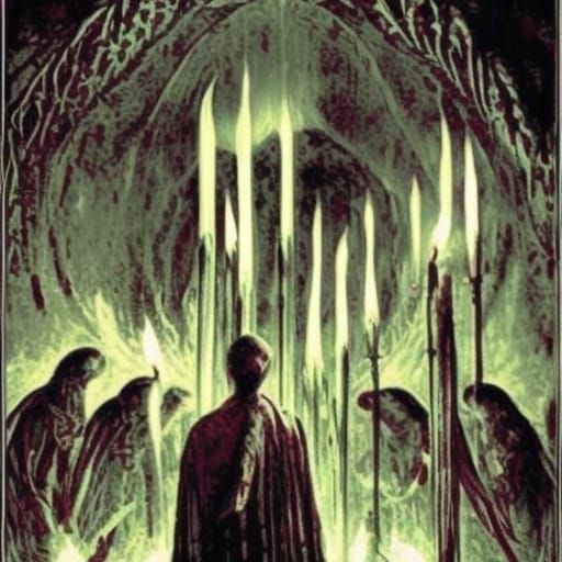 Haunting Séance with Black Flames in Doré Style