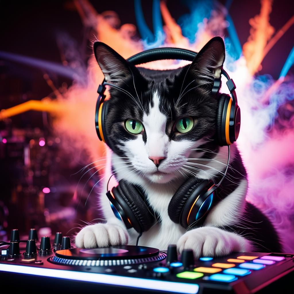Cat DJ in Nightclub with Headphones