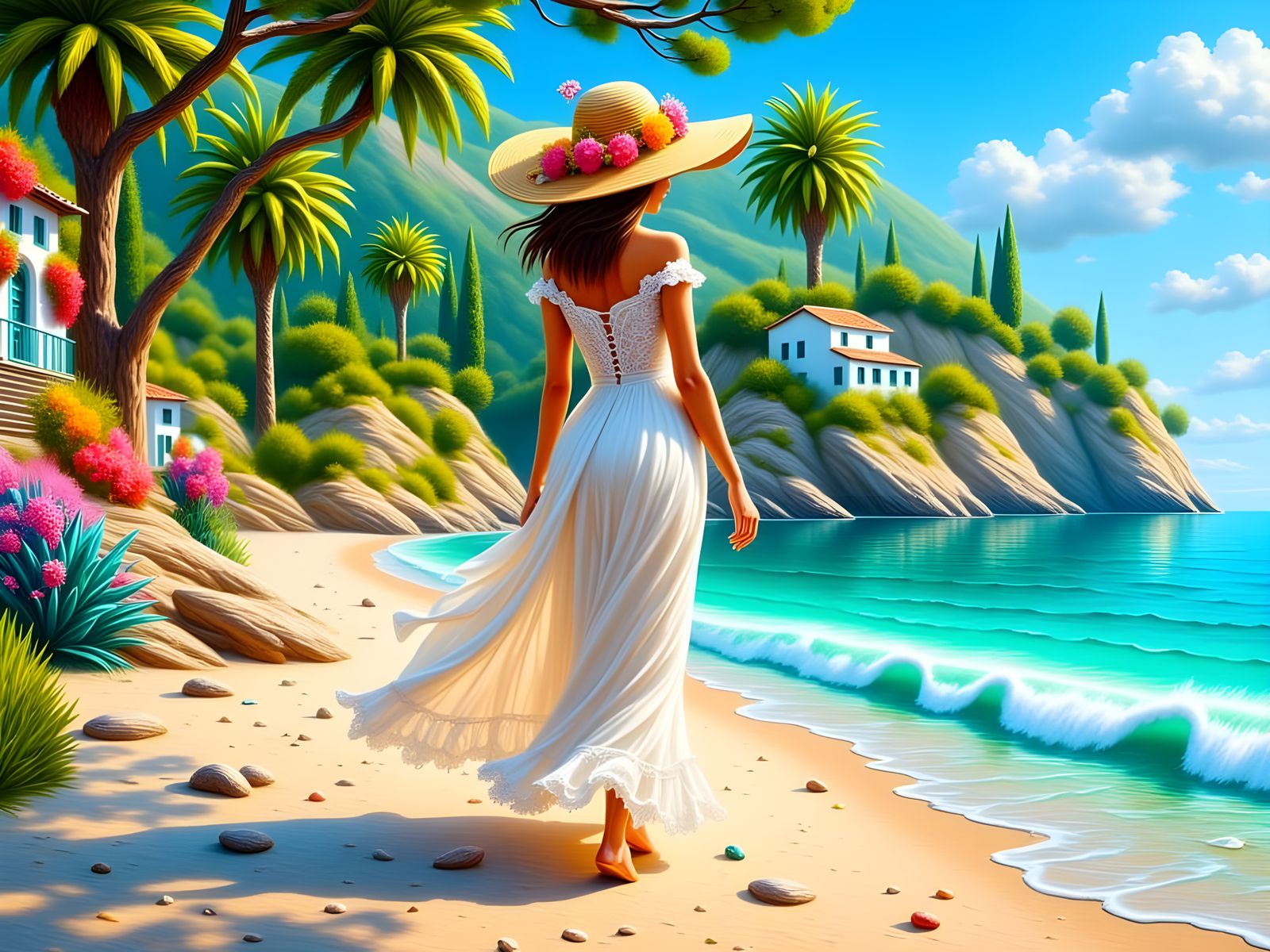 Serene Woman Strolls Along Mediterranean Beach in Matisse-In...