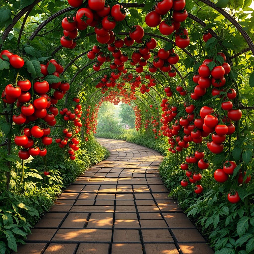 Lush Garden Path with Red Tomatoes and Emerald Foliage