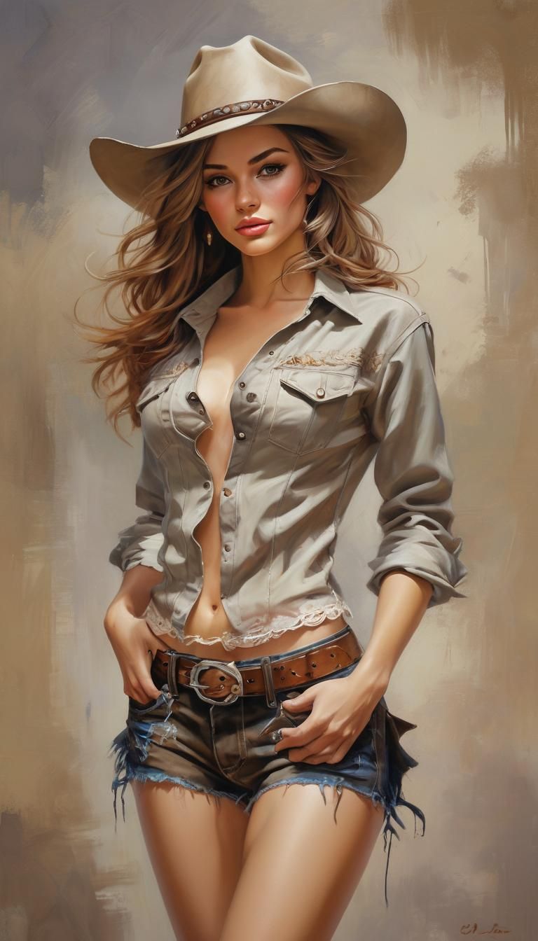 A very beautiful cowgirl, deep neckline, with a beautiful wa...