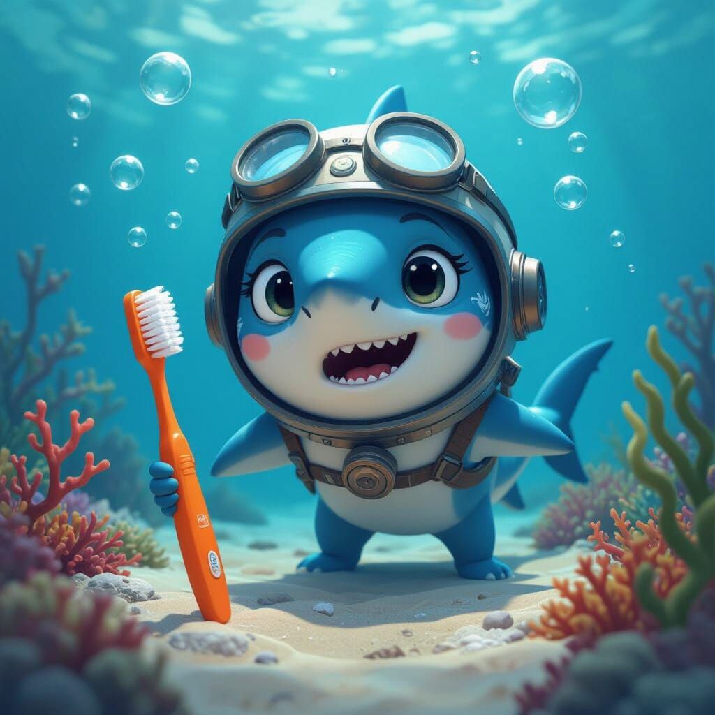 Confused Blue Shark and Toothbrush in 3D Cartoon Style