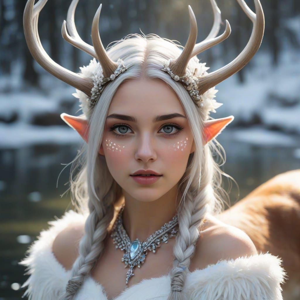 Ethereal Ice Elf Maiden with Whitetail Deer and Antlers
