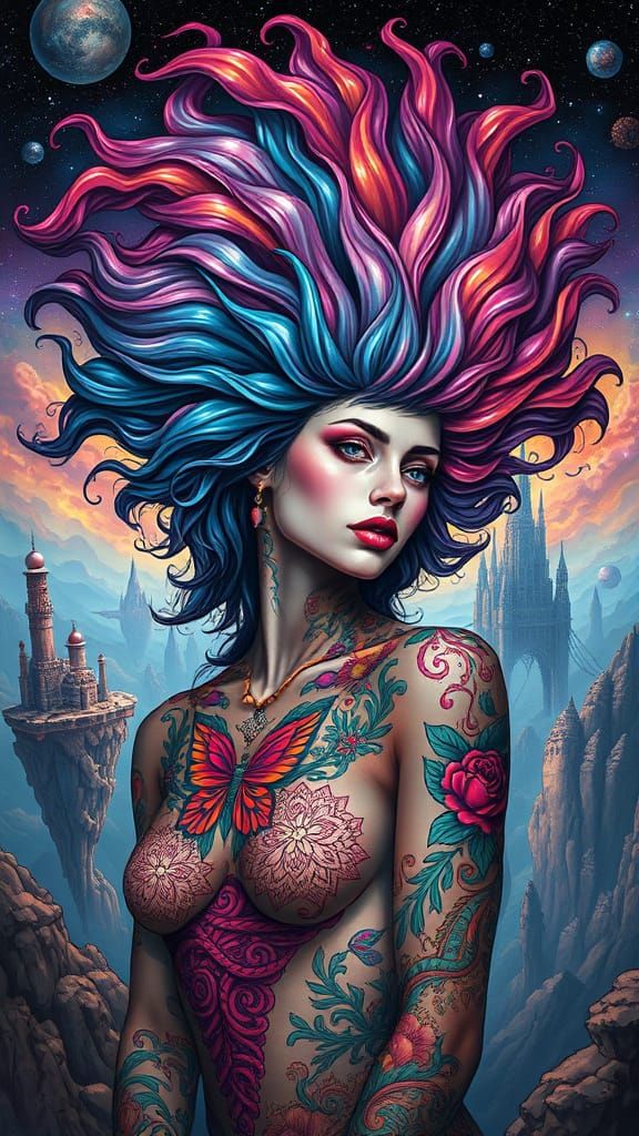 Surreal Woman Portrait with Cosmic Hair and Glowing Tattoos
