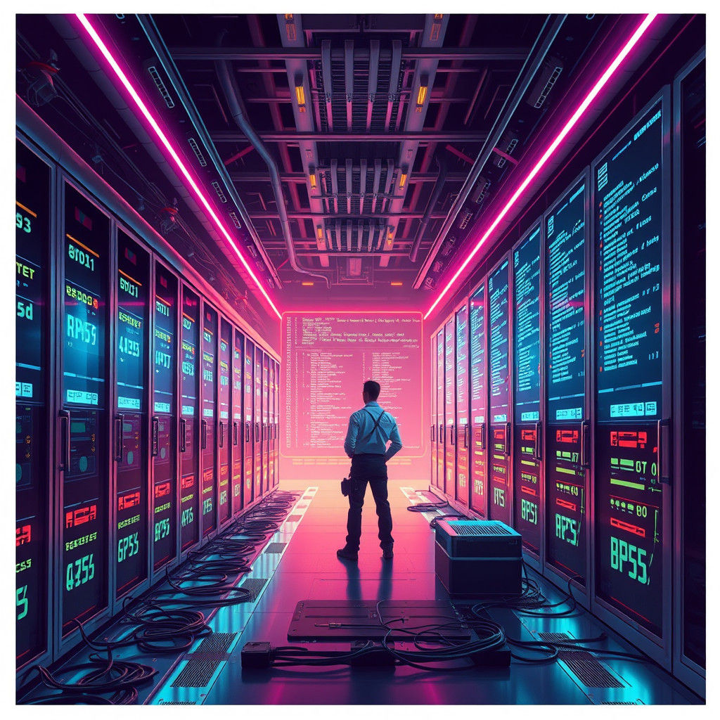 Futuristic Technician Rebooting Router in Cyberpunk Server R...