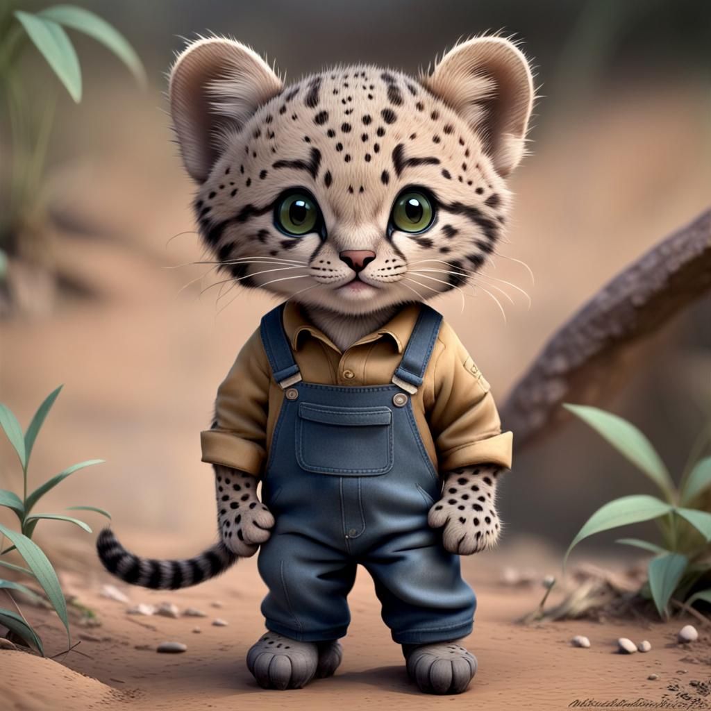 Anthropomorphic Kodkod Cub in Overalls
