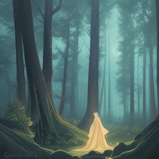 Forest Night Sky in Art Nouveau Style