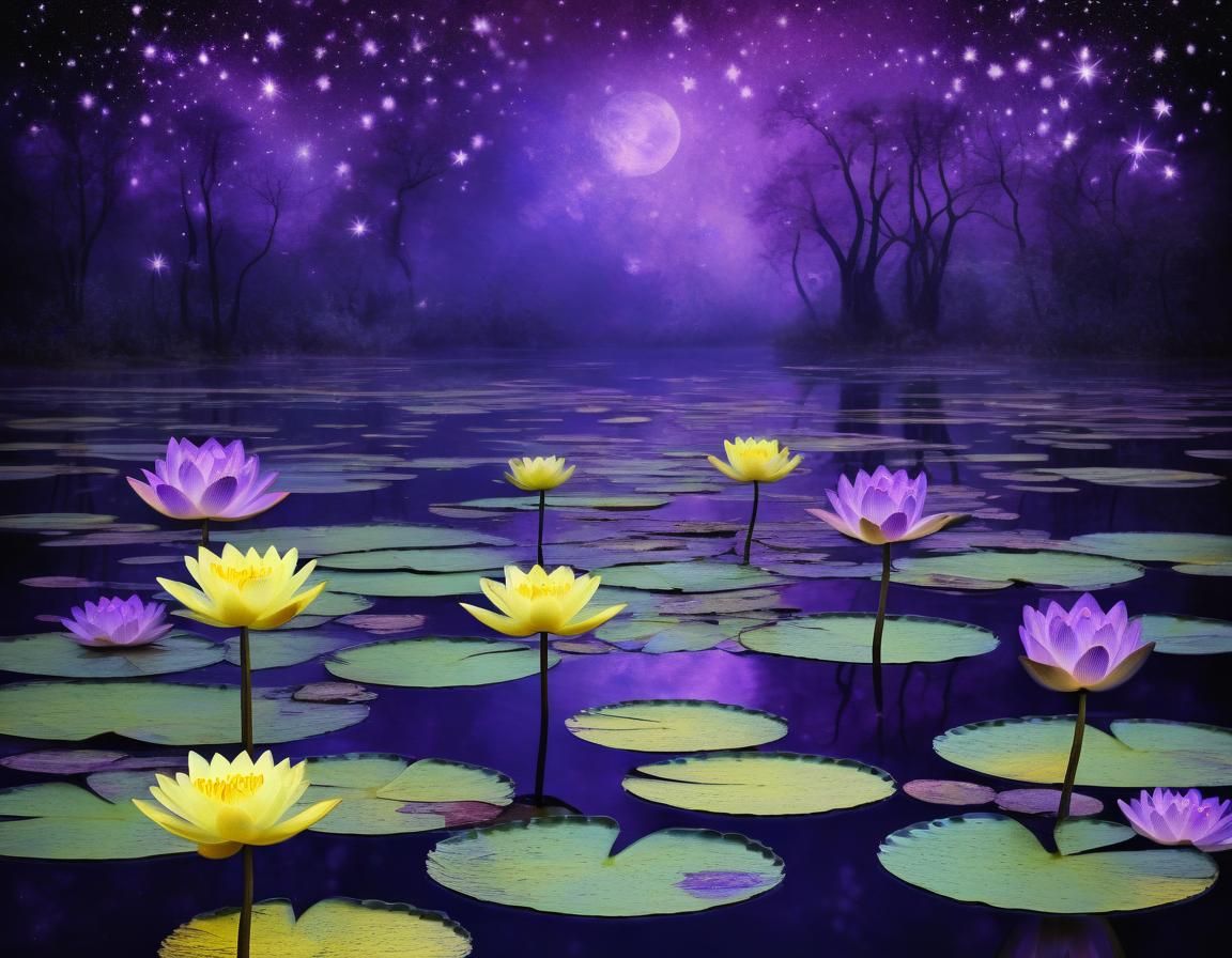 Gothic Birthday Card with Luminous Waterlilies