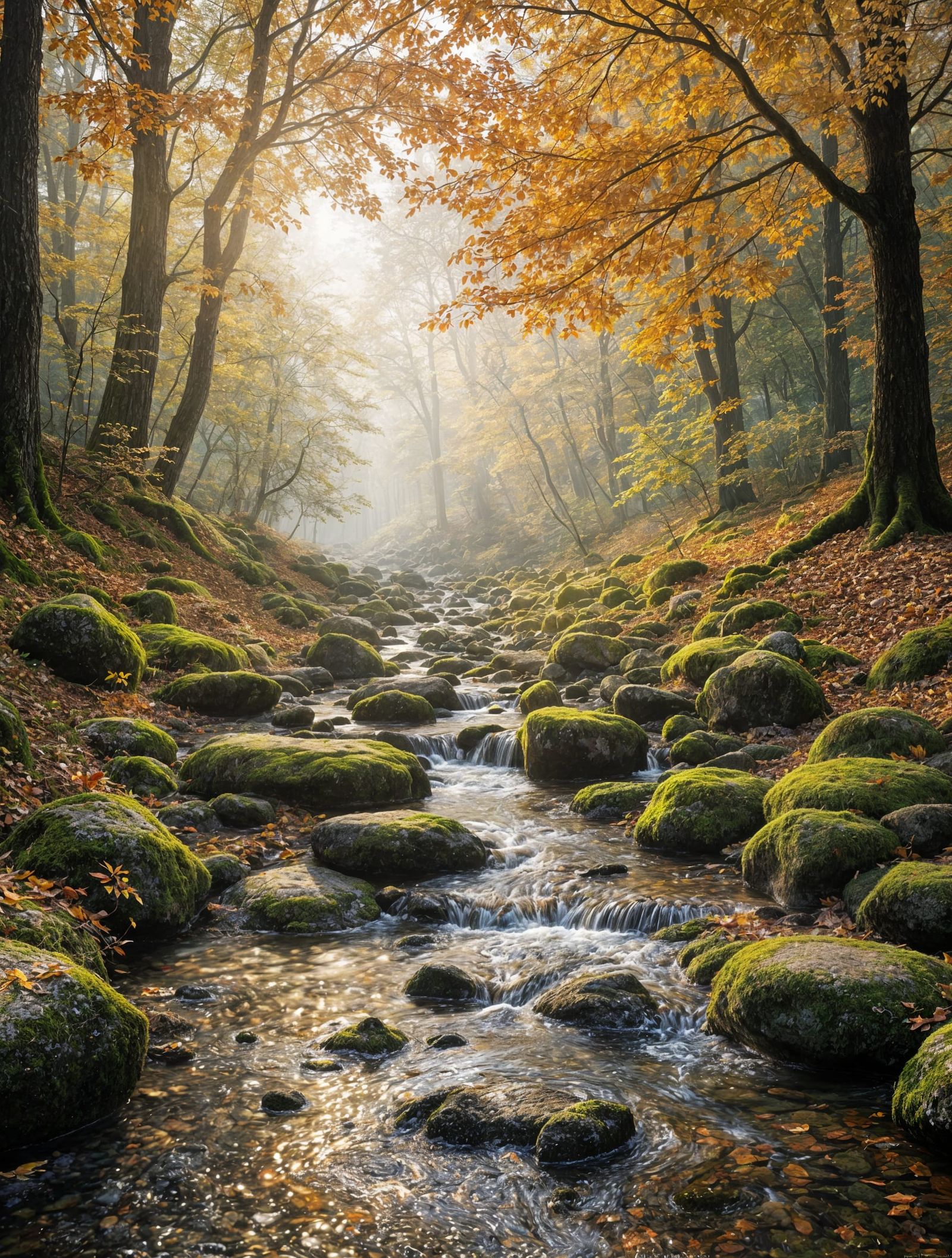 Autumn Forest Scene with Mossy Stones and Fog
