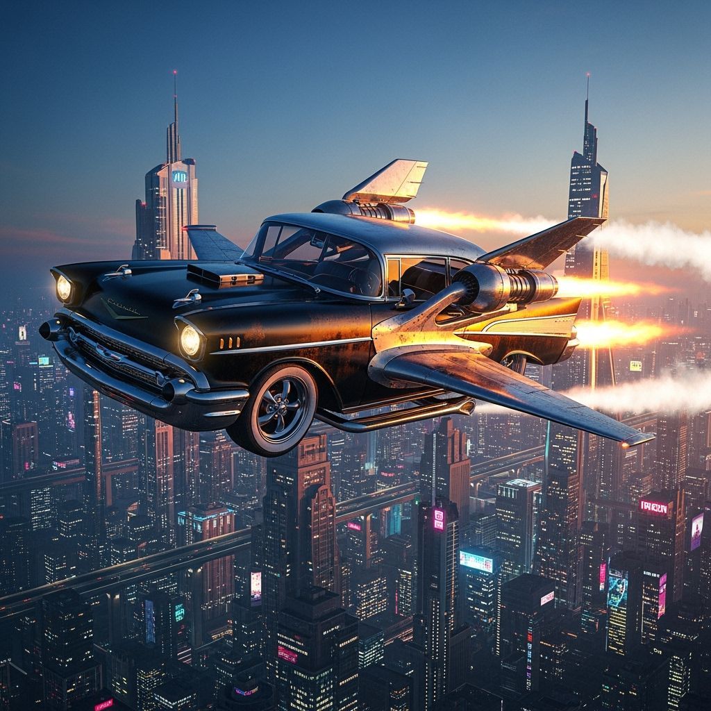 Futuristic 1957 Chevy Soaring Above City, Hyperrealistic