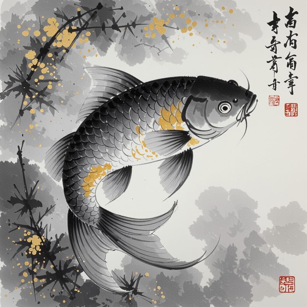 Traditional Chinese Brush Painting of a crane in gray, gold,...