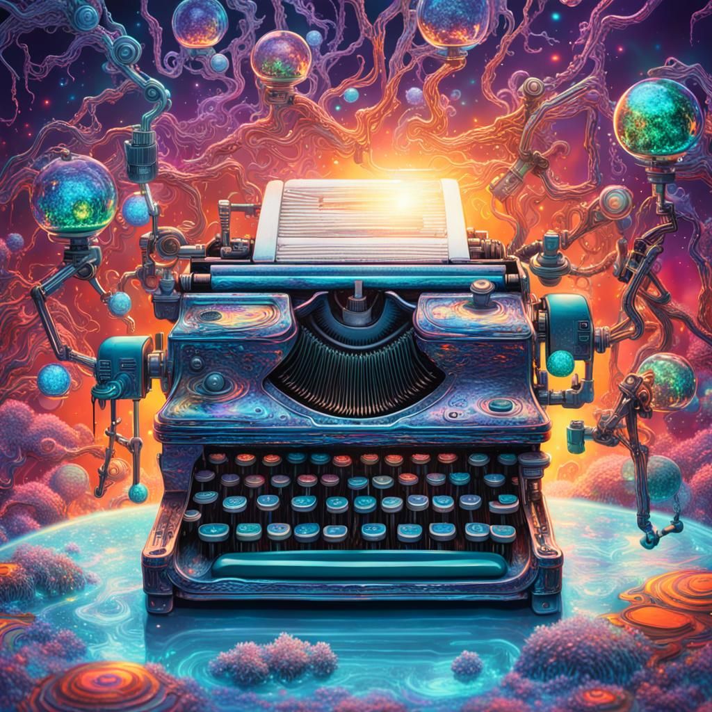 Surreal Typewriter Commands Robots in Psychedelic Dreamscape