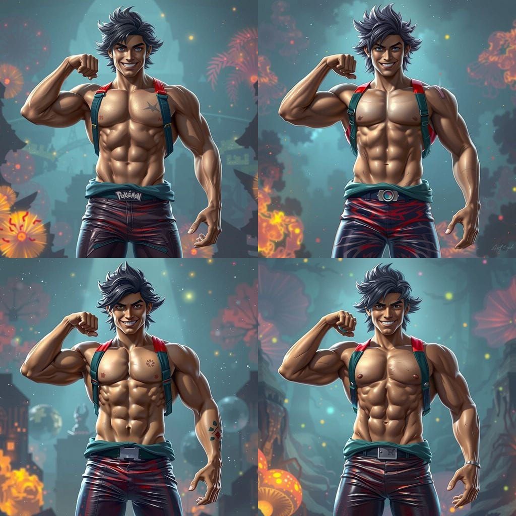 Ripped Bodybuilder Ash Ketchum in Fantastical Landscapes