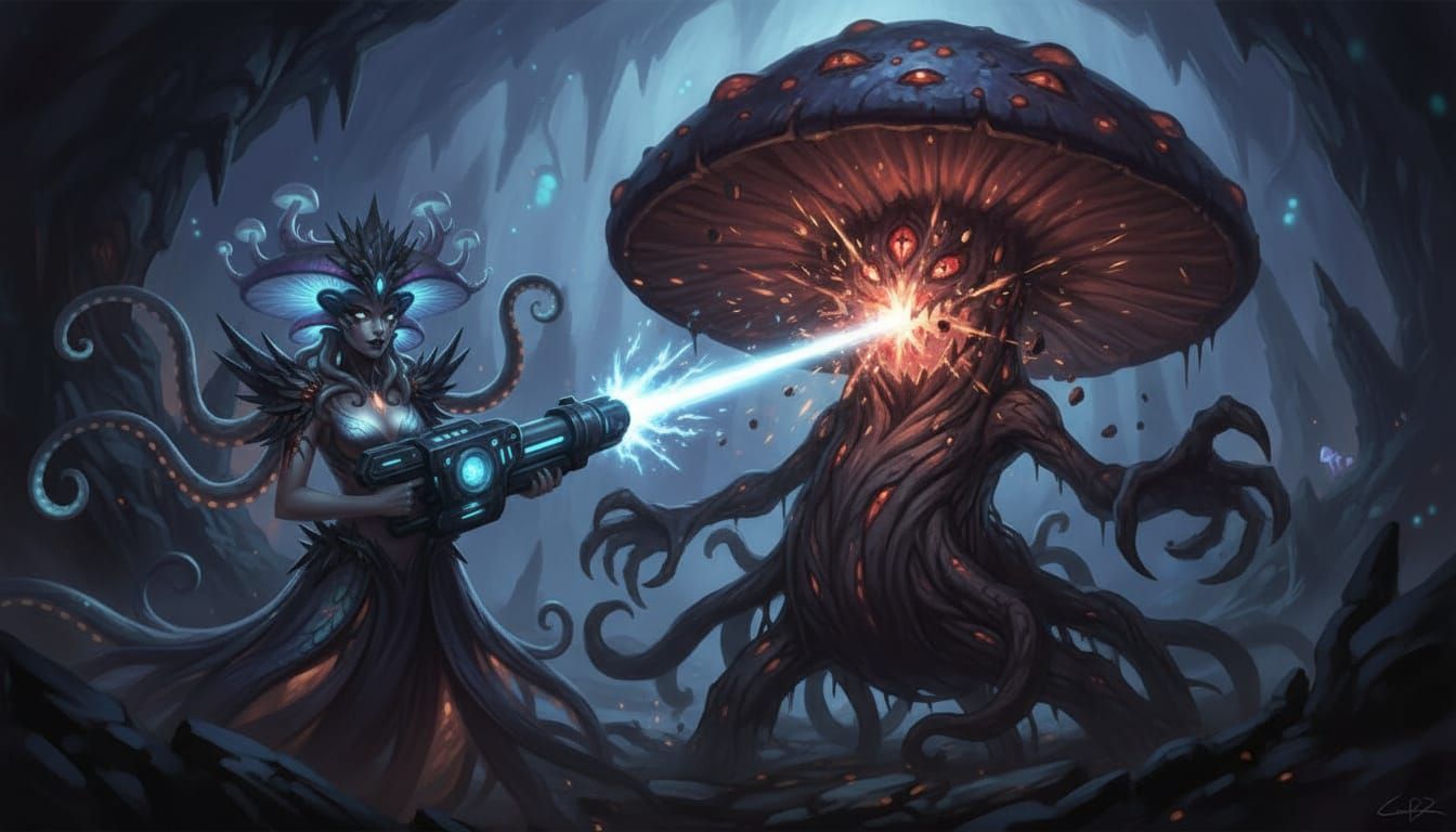 Monster Girl Battles Sinister Mushroom with Laser Cannon