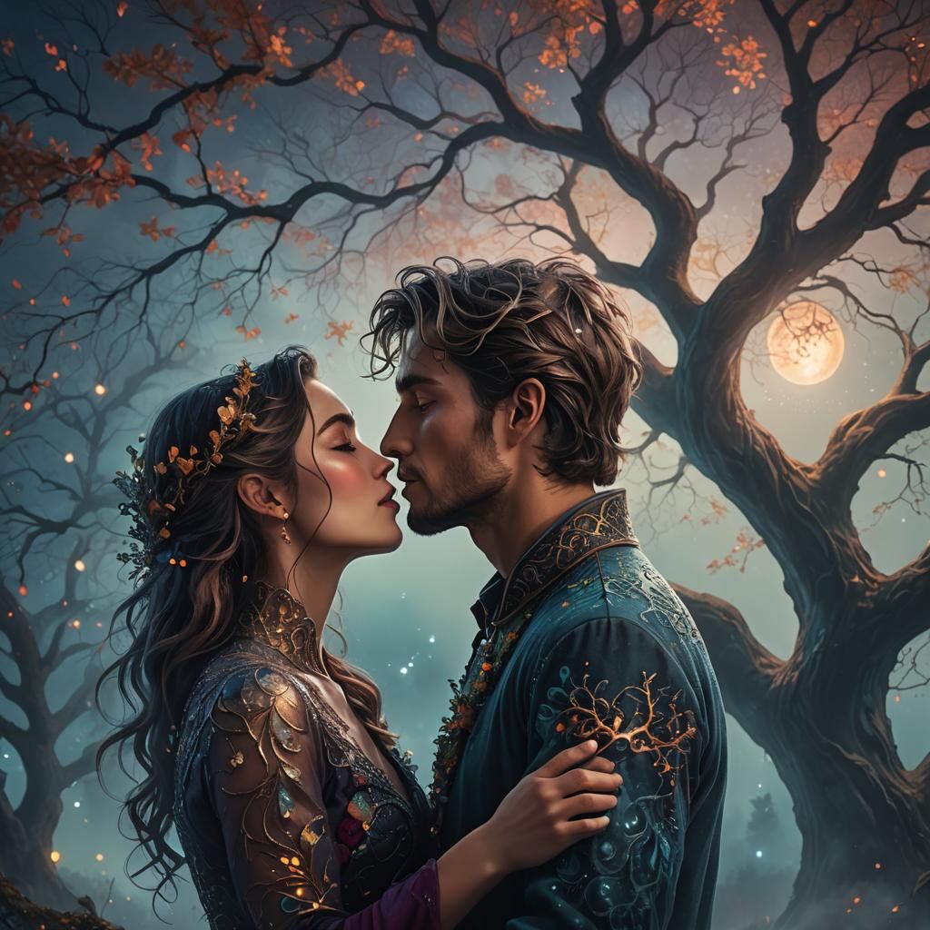 Romantic Kiss Under a Moonlit Tree