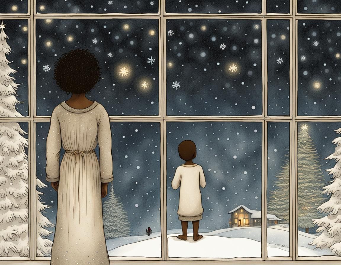Children Gaze at Snowy Christmas Night in Bauer Style