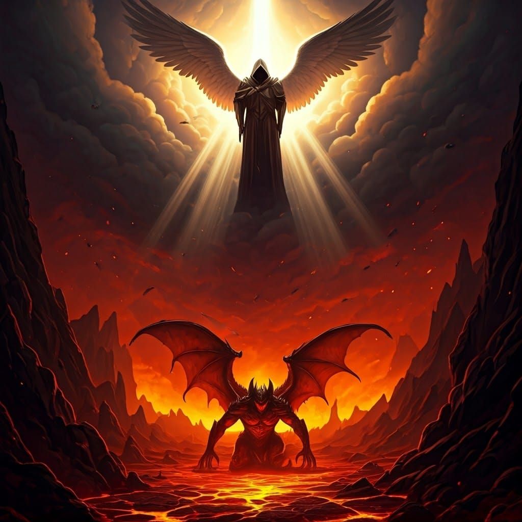 Angel Gazing Over Hellscape in Dark Romanticism