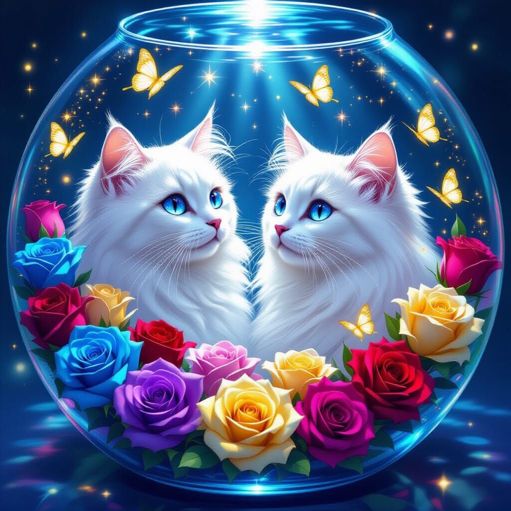 White Cat Gazes at Enchanted Rose Aquarium