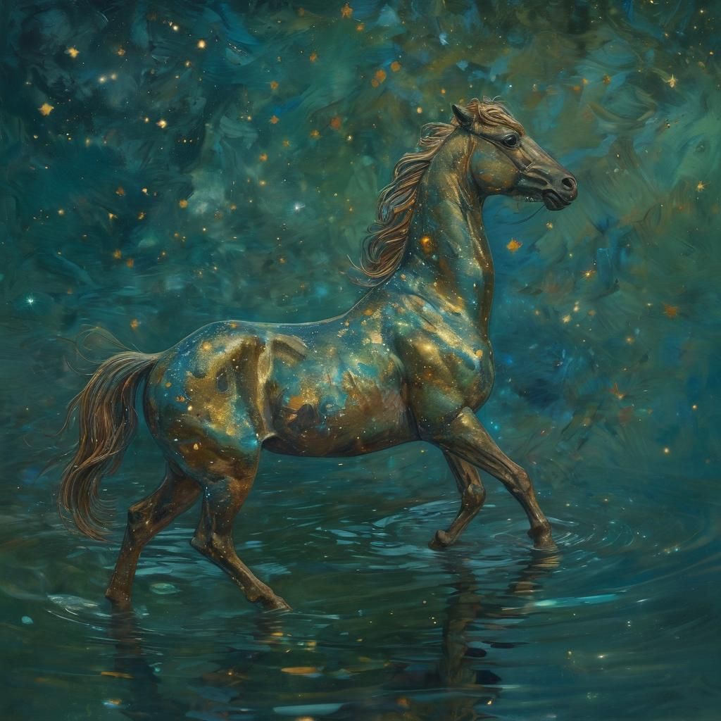 A horse swimming in the river at night