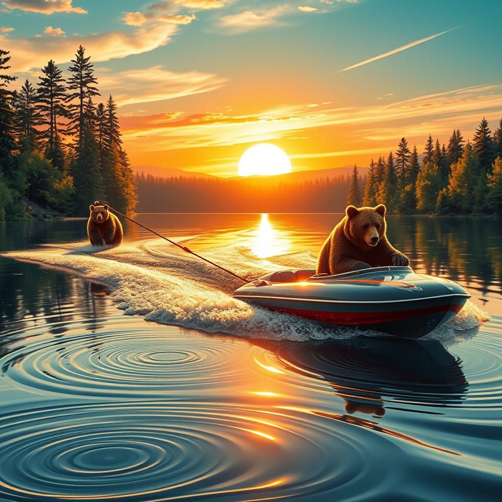 Brown Bears Water Skiing on a Serene Lake Sunset Scene