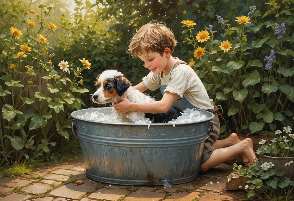 Boy Bathes Dog in Zinc Tub: Digital Folk Art