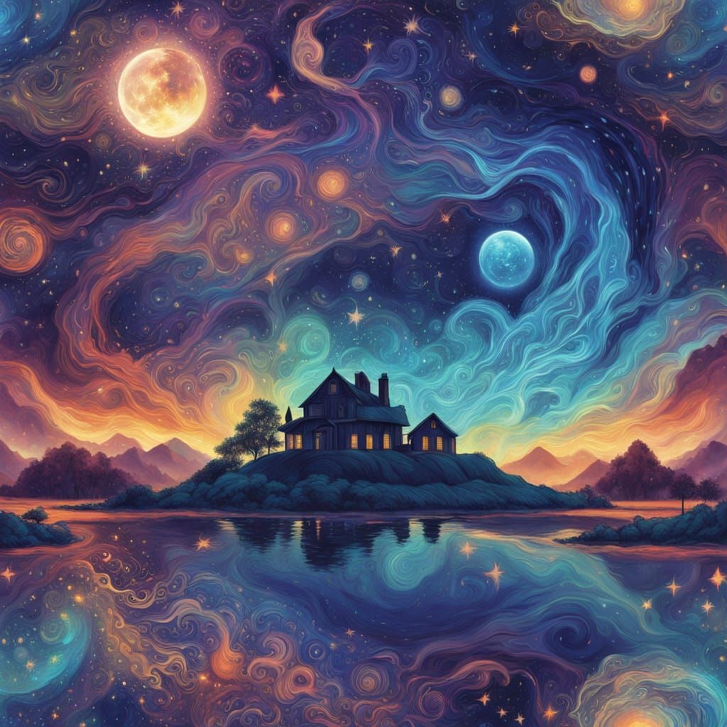 Ethereal Evening Star Over Tranquil Cottage