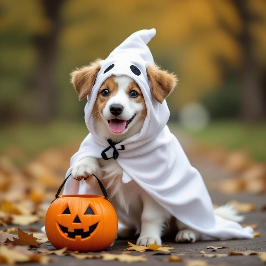 Cute Ghost Dog Trick-or-Treating on Halloween Night