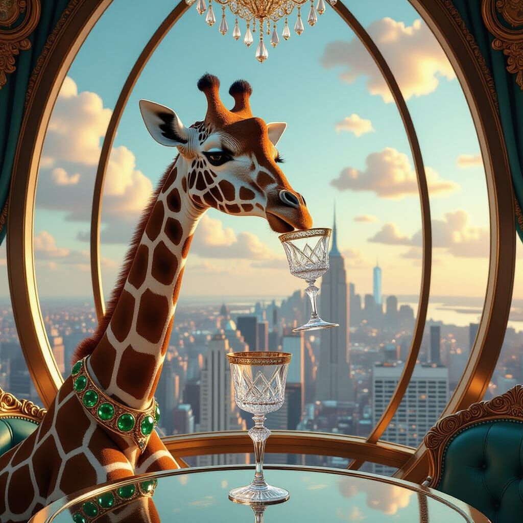 Art Deco Giraffe Sips Elegantly in Lavish Sky Lounge