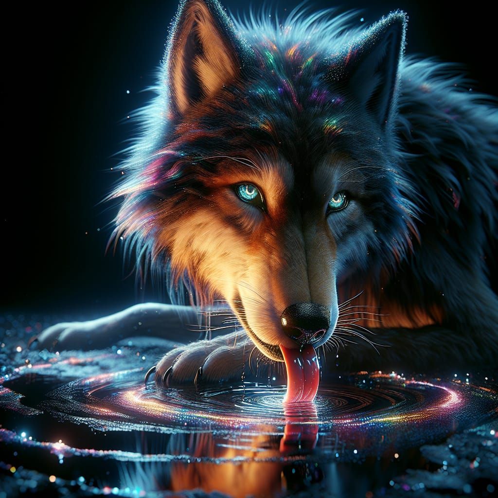 Wolf Licking Water: Photorealistic CGI Fine Art