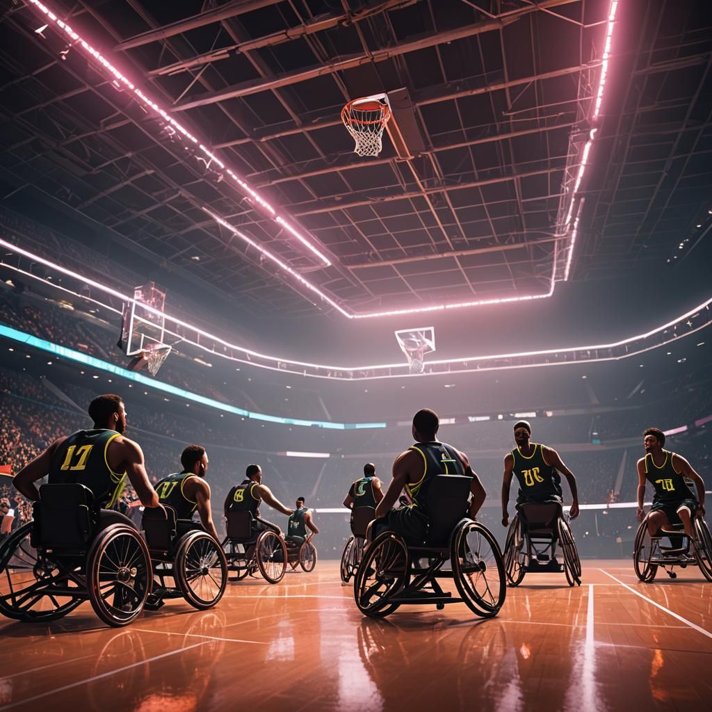 Intense Wheelchair Basketball in Neon Stadium: 3D Art